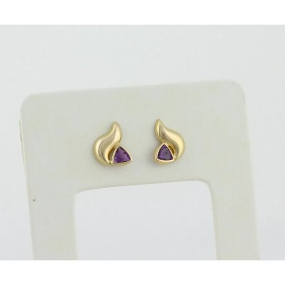 14k Yellow Gold Amethyst Earrings Stud Post - Picture 6 of 8